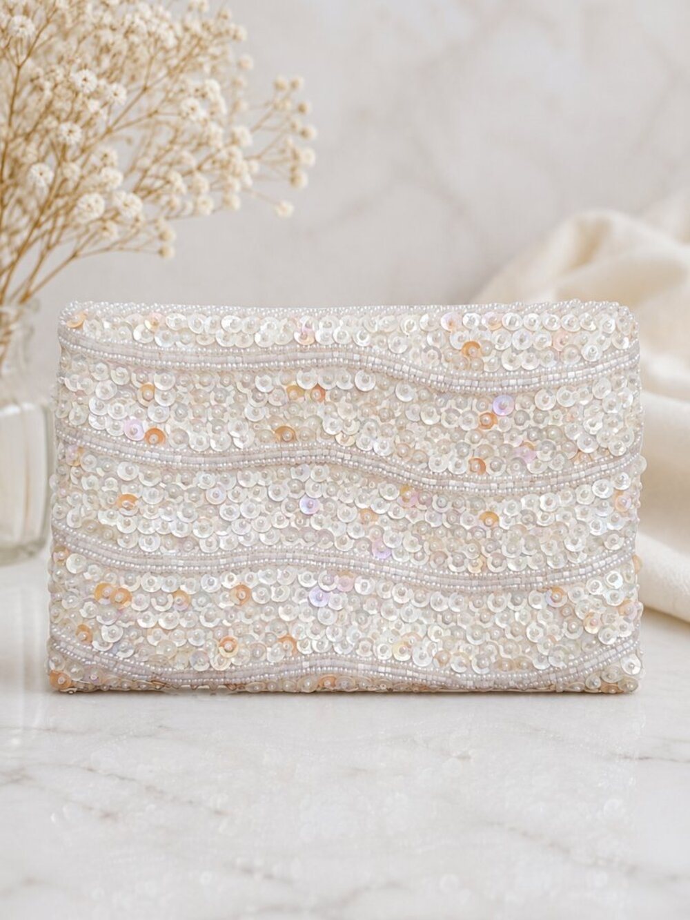Vintage White Iridescent Sequin & Beaded Evening Bag – Unbranded